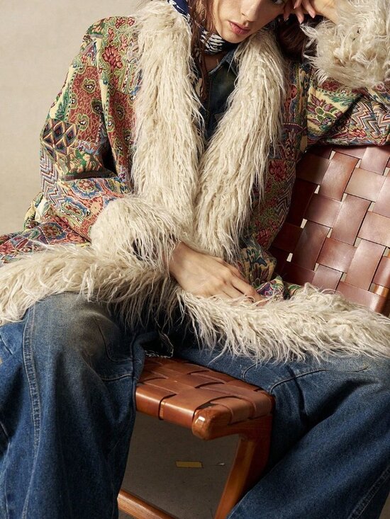 Jackets & Blazers - Multicolor Casual Women's Jacquard Faux Fur Coat